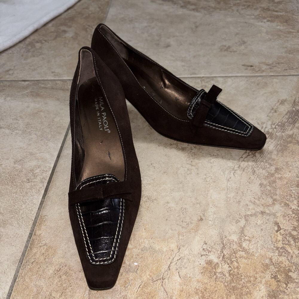 Mila Paoli Italy Brown Suede Pumps Black Croc Leather Kitten Heel Women's 7 M